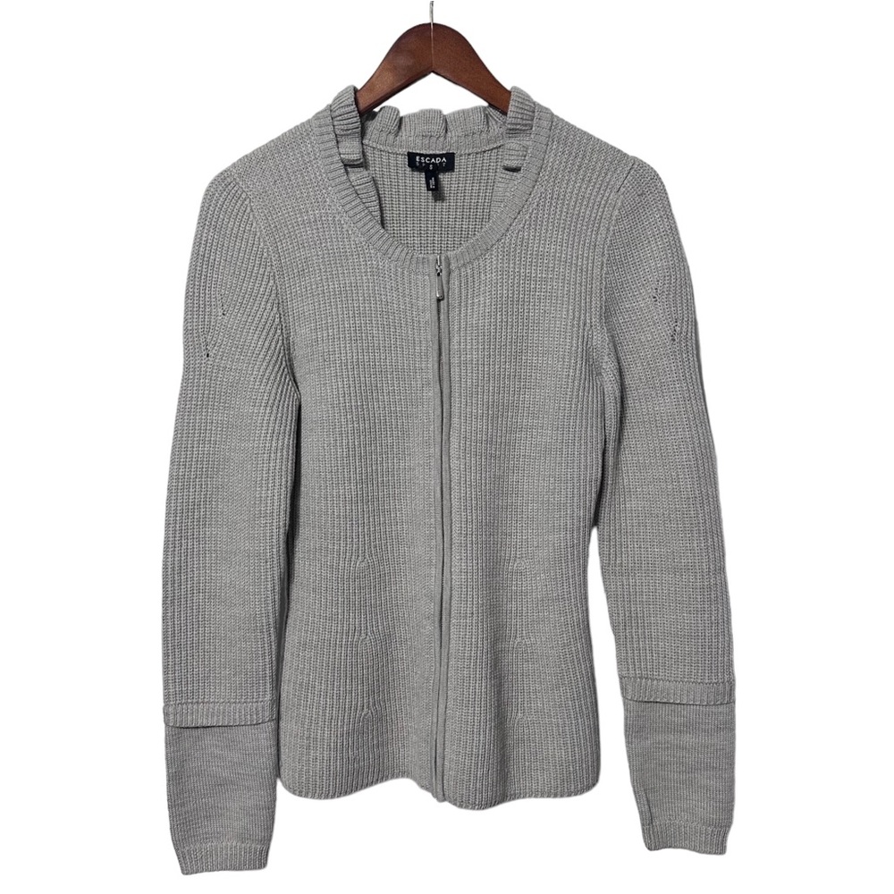 Escada Sport Womens Gray Virgin Wool Ribbed Ruffle Zip Cardigan Sweater Size S